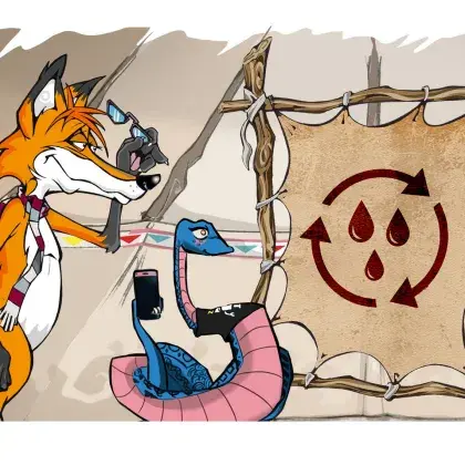 Man sieht einen Fuchs und eine Schlange neben einer Lederleinwand mit einem Regentropfen.