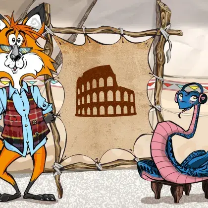 Man sieht einen Fuchs und eine Schlange neben einer Lederleinwand mit einem Kolosseum.