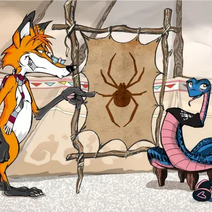 Man sieht einen Fuchs und eine Schlange neben einer Lederleinwand mit einer Spinne.