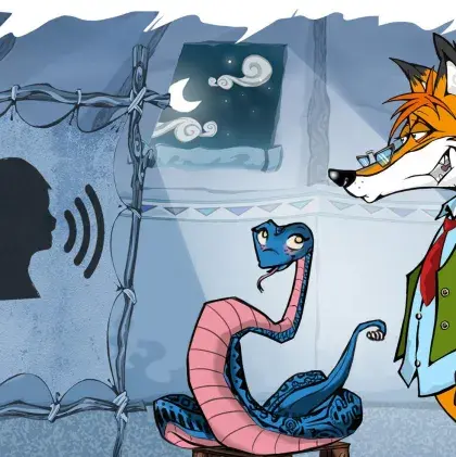 Man sieht einen Fuchs und eine Schlange neben einer Lederleinwand mit einem Kopf mit Sprachsymbol.