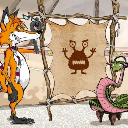 Man sieht einen Fuchs und eine Schlange neben einer Lederleinwand mit eine Monster-Emoji.