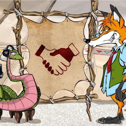 Man sieht einen Fuchs und eine Schlange neben einer Lederleinwand mit einem Handschlag.