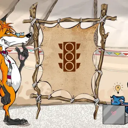 Man sieht einen Fuchs und eine Schlange neben einer Lederleinwand mit einer Ampel.