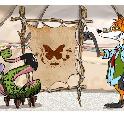 Man sieht einen Fuchs und eine Schlange neben einer Lederleinwand mit Insekten.