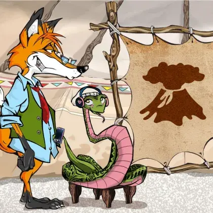 Man sieht einen Fuchs und eine Schlange neben einer Lederleinwand mit einem Vulkan.