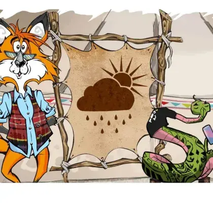 Man sieht einen Fuchs und eine Schlange neben einer Lederleinwand mit einer Regenwolke vor Sonne.