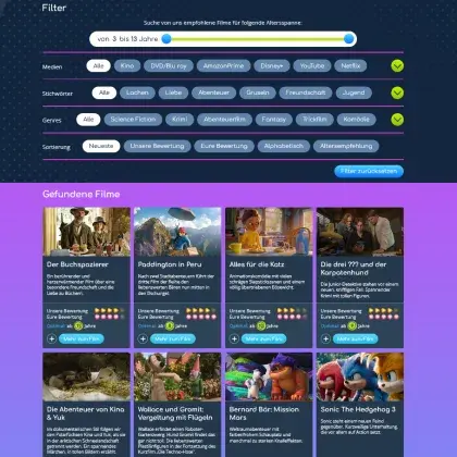 Man sieht eine Übersicht mit verschiedenen Kinderfilmen.