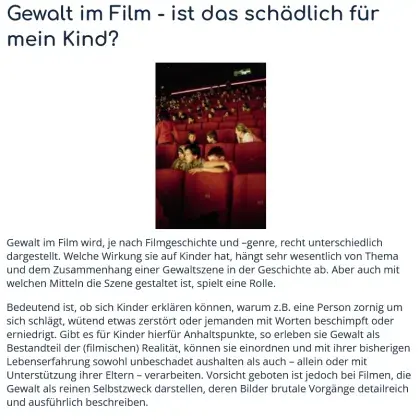 Man sieht einen Text zu Kinderfilmen und ein Bild mit Kindern im Kino.