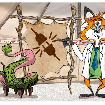 Man sieht einen Fuchs und eine Schlange vor einer Lederleinwand mit Stromkabeln.